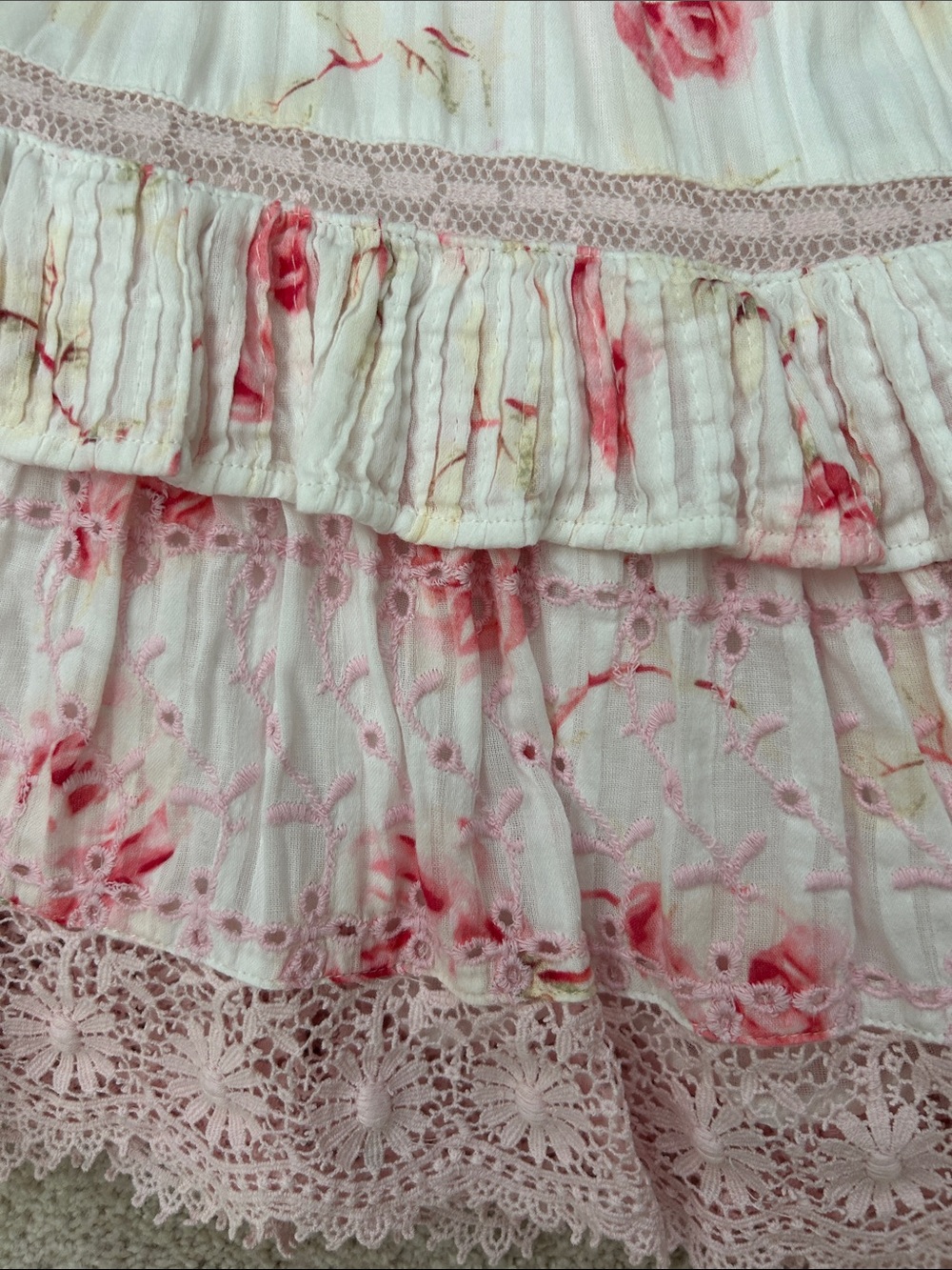 LoveShackFancy Pink Floral Women Lace-Trim Tank and Ruffle Mini Skirt - Picture 4 of 5